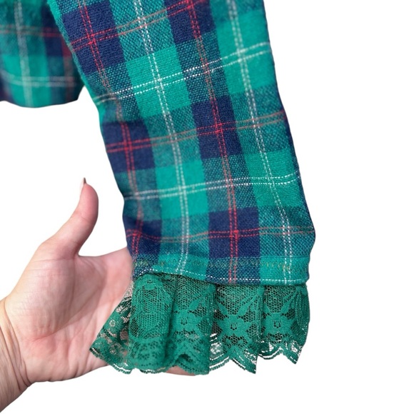 VTG 90's YOU BABES Green Blue Red Plaid Wool Blazer with Lace Cuffs Sz Small - Picture 5 of 10